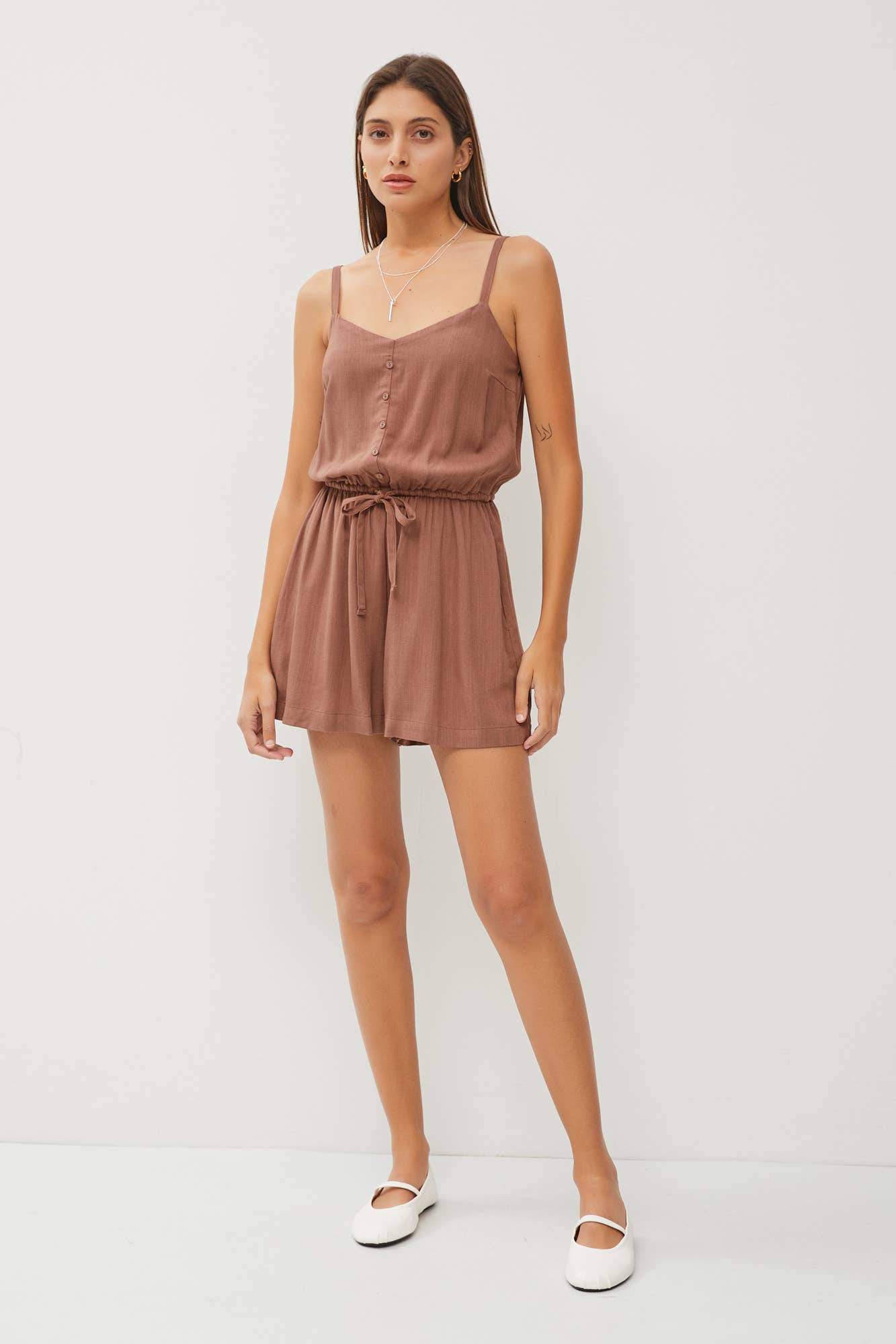 SOLID DRAWSTRING WAIST ROMPER