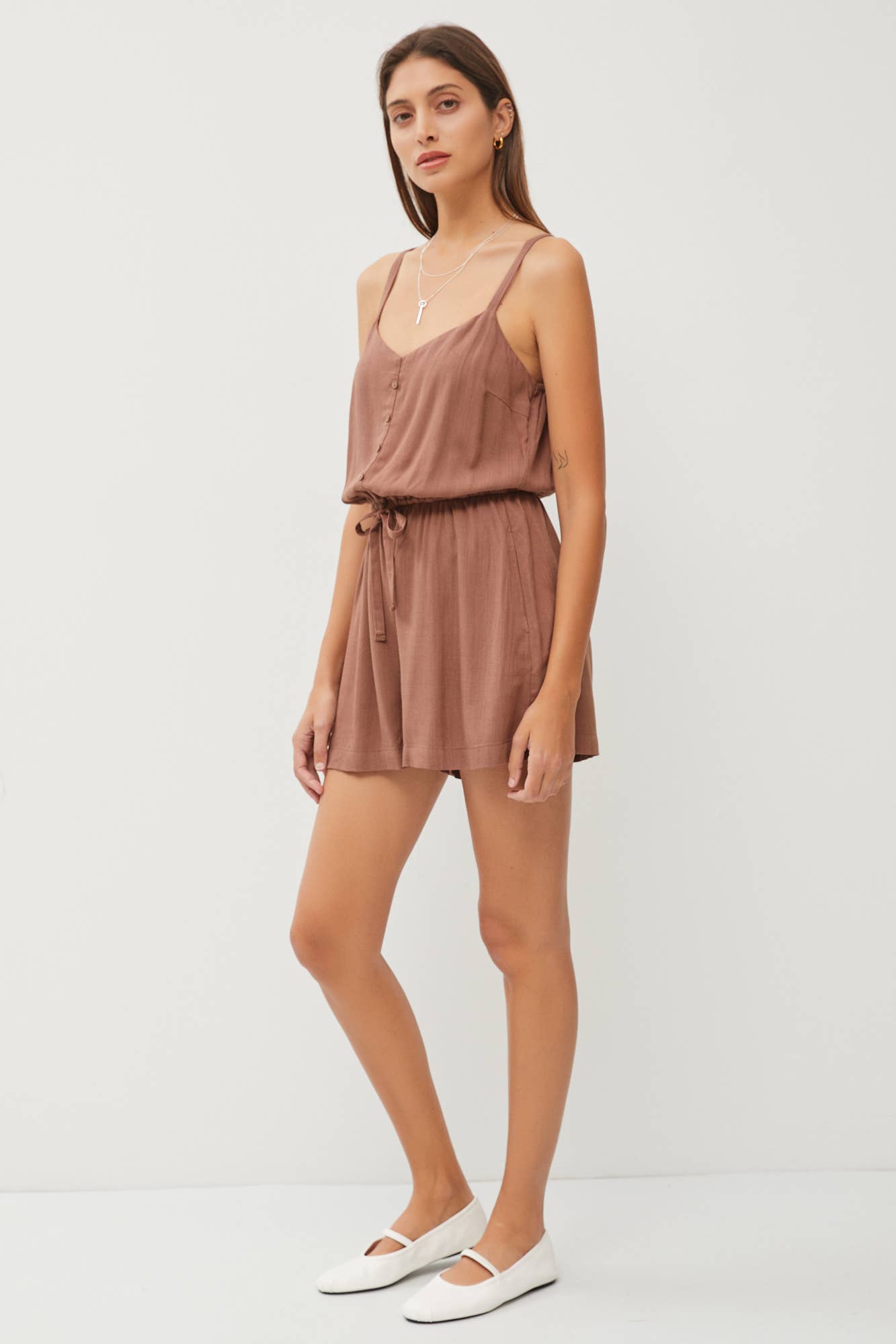 SOLID DRAWSTRING WAIST ROMPER