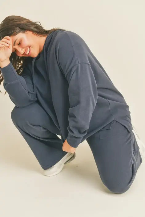 Plus Navy Cotton Rib Hoodie & High Waisted Wide Leg Pant Set