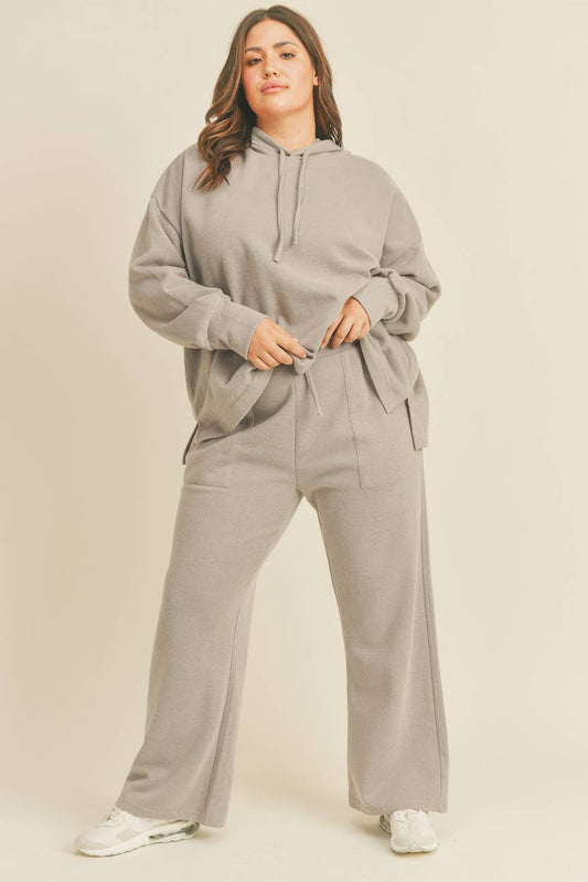 Plus Grey Cotton Rib Hoodie & High Waisted Wide Leg Pant Set